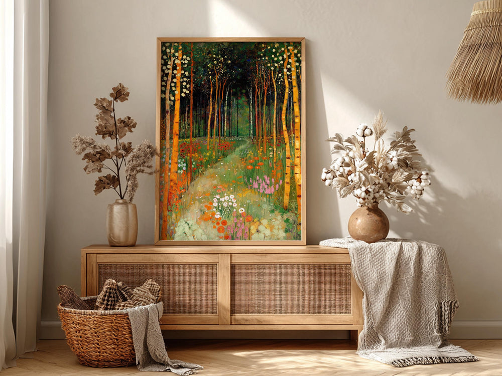 Forest Garden Wall Decor, Woodland Path Framed Canvas, Botanical Nature Landscape Artwork, Cottagecore Home Accent