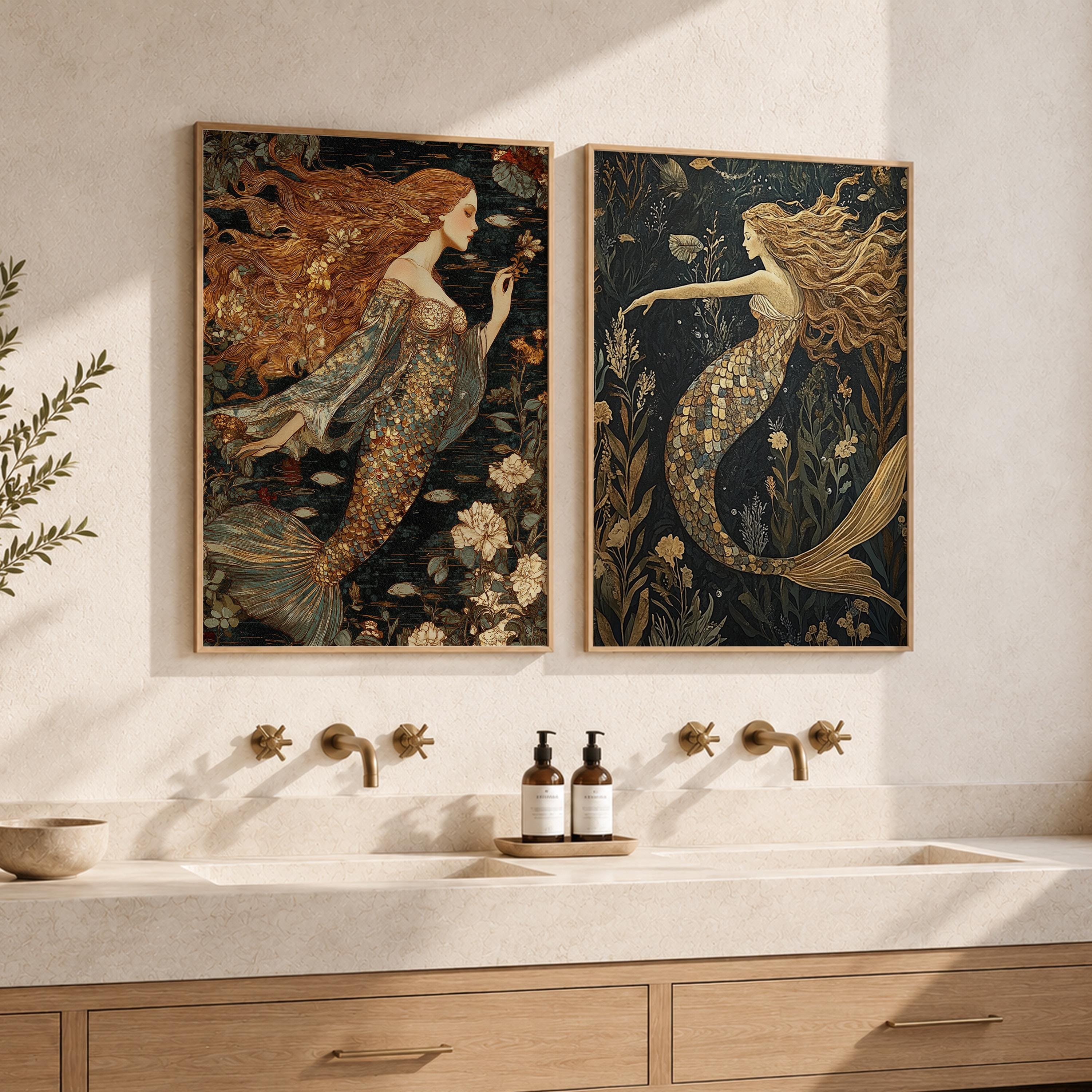 Set of 2 Mermaid Wall Art, Mystical Ocean Framed Canvas Prints Duo, Vintage Fantasy Mermaid Artwork, Moody Coastal Home Decor