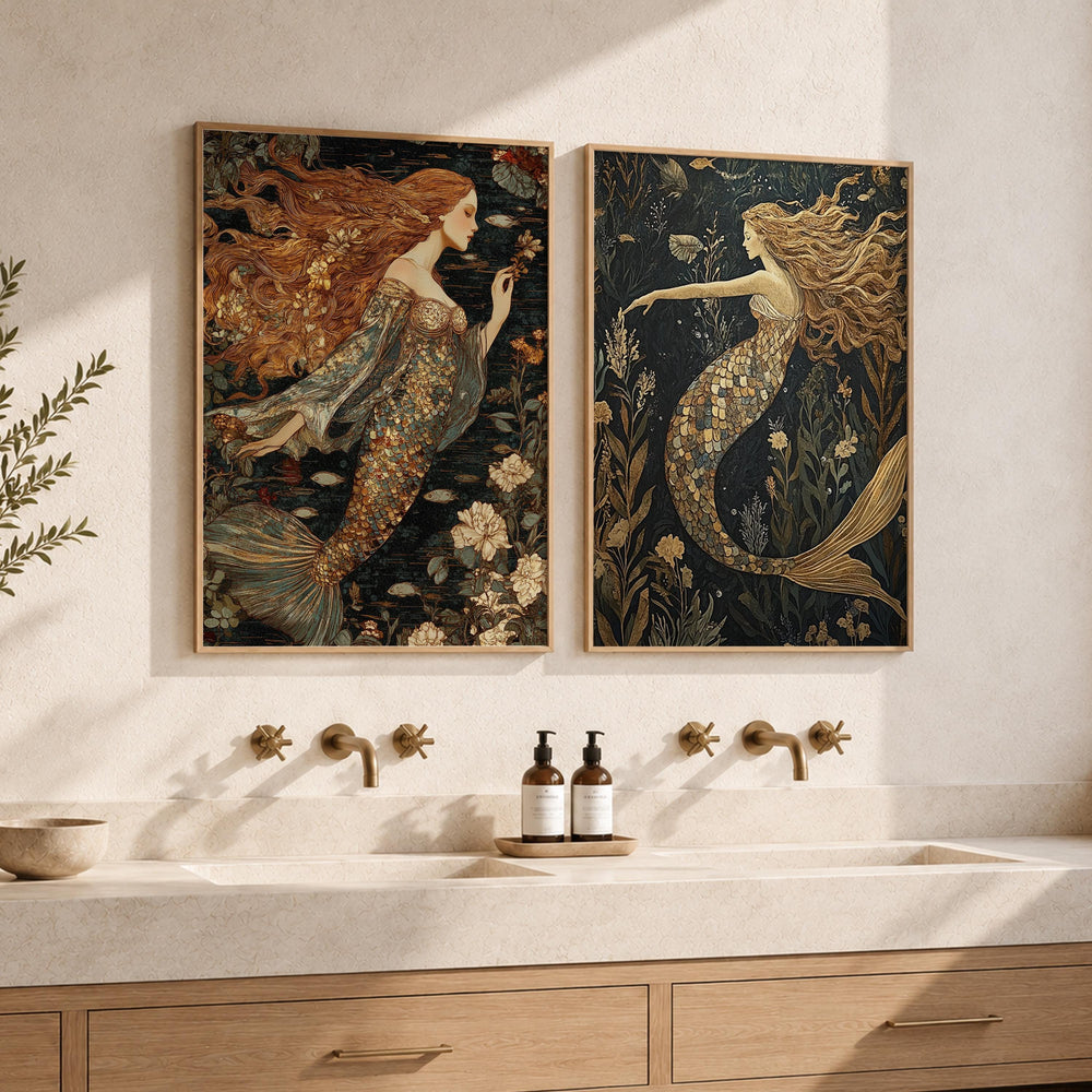 Set of 2 Mermaid Wall Art, Mystical Ocean Framed Canvas Prints Duo, Vintage Fantasy Mermaid Artwork, Moody Coastal Home Decor
