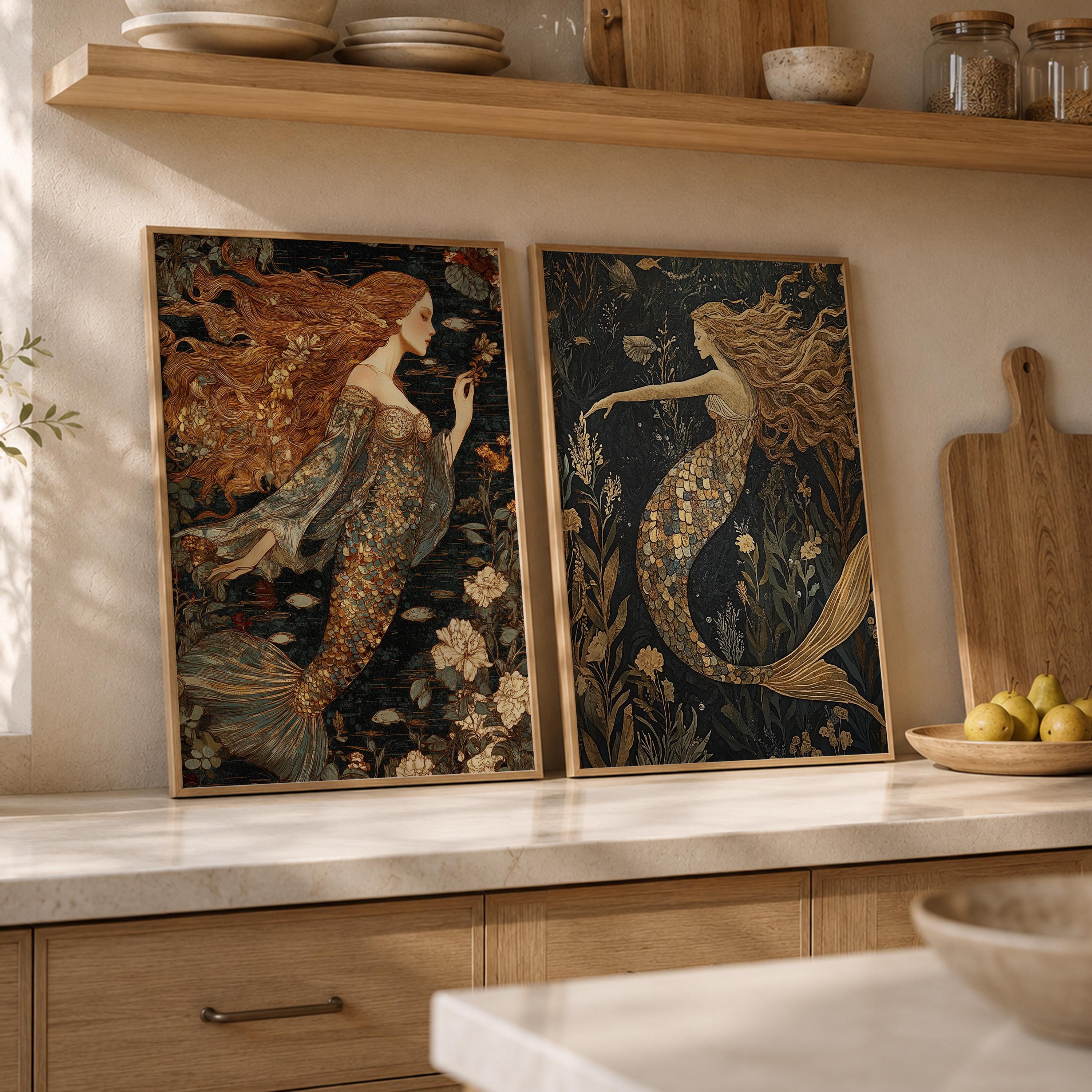 Set of 2 Mermaid Wall Art, Mystical Ocean Framed Canvas Prints Duo, Vintage Fantasy Mermaid Artwork, Moody Coastal Home Decor