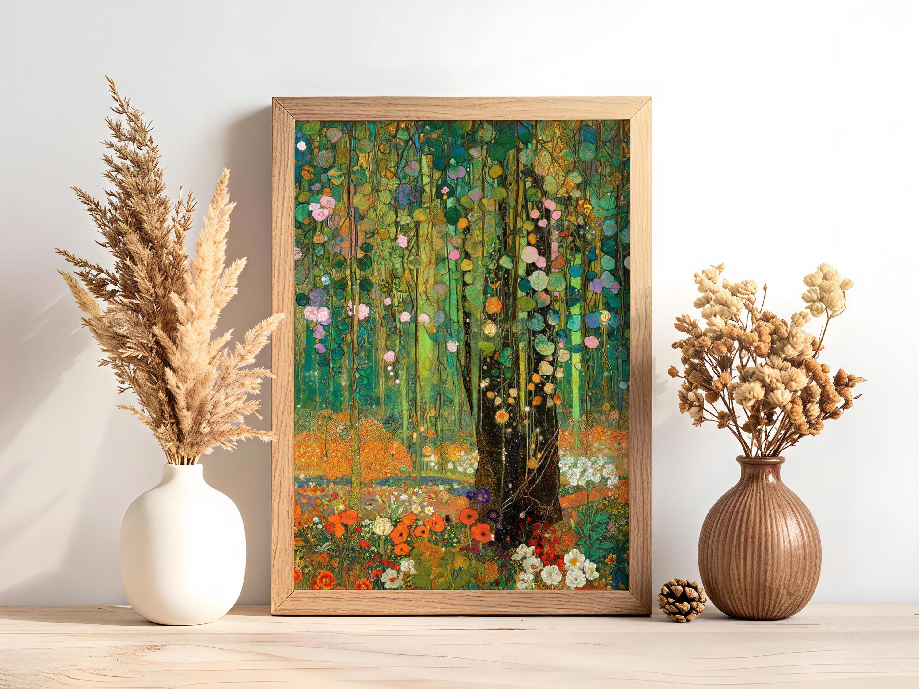 Woodland Framed Wall Print, Botanical Forest Canvas Art, Floral Nature Artwork, Gustav Klimt Inspired Cottagecore Decor