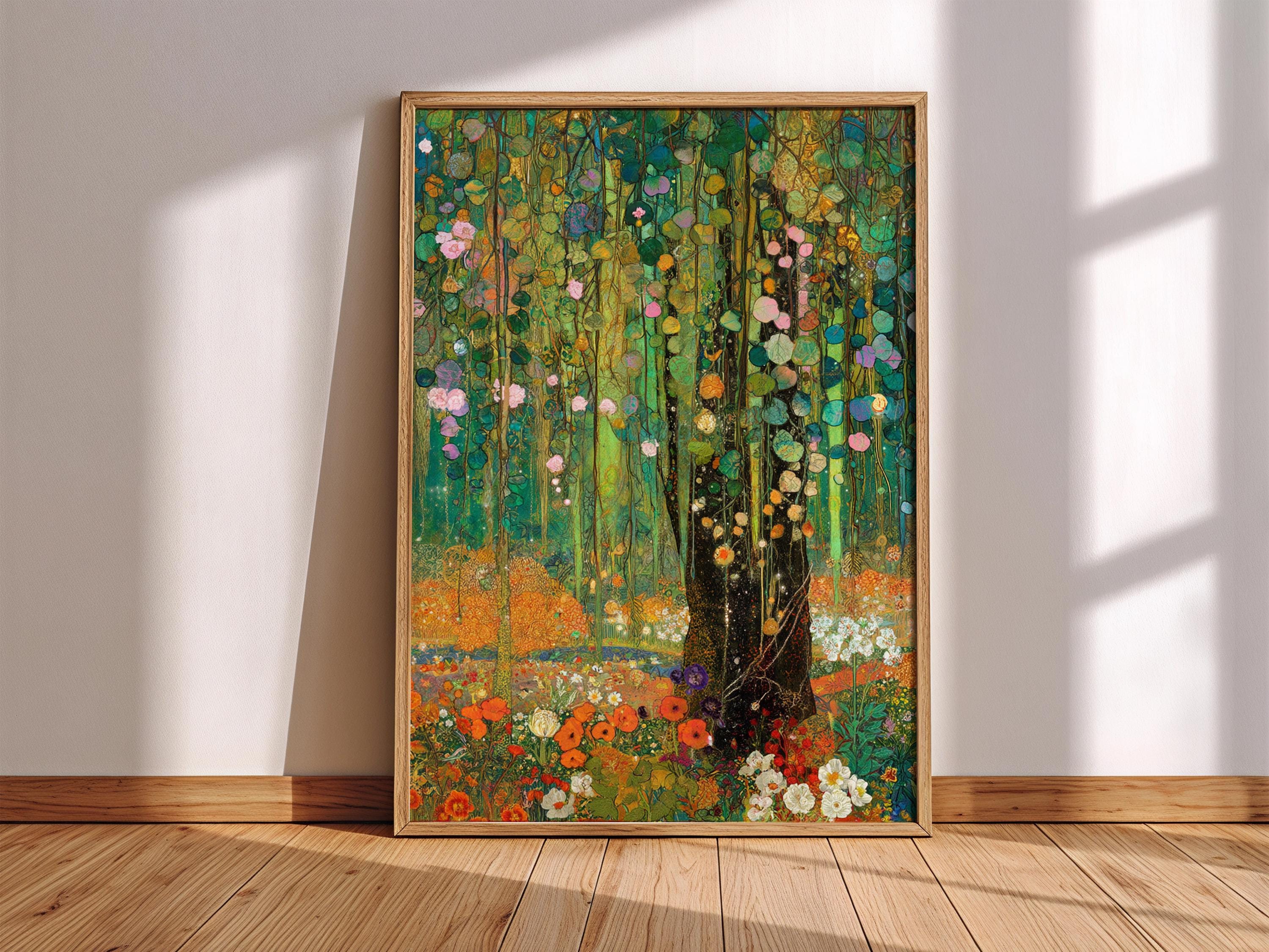 Woodland Framed Wall Print, Botanical Forest Canvas Art, Floral Nature Artwork, Gustav Klimt Inspired Cottagecore Decor