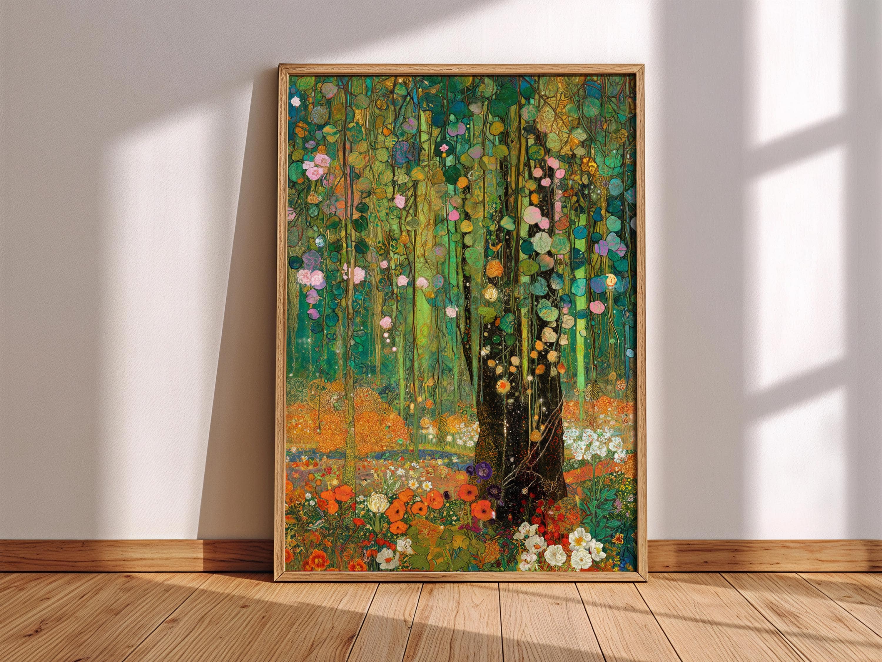 Woodland Framed Wall Print, Botanical Forest Canvas Art, Floral Nature Artwork, Gustav Klimt Inspired Cottagecore Decor