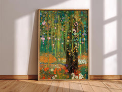 Woodland Framed Wall Print, Botanical Forest Canvas Art, Floral Nature Artwork, Gustav Klimt Inspired Cottagecore Decor