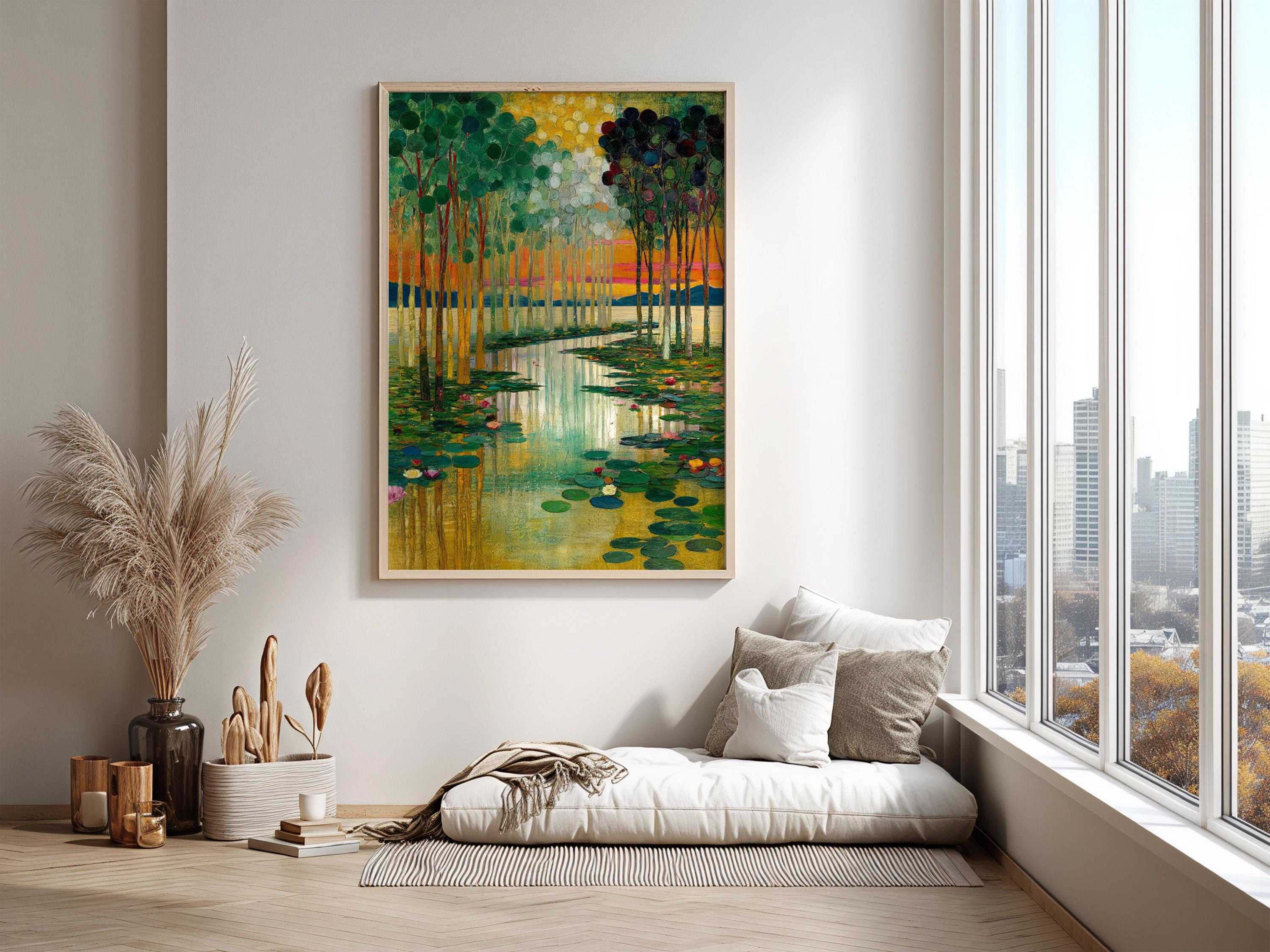 Water Lily Wall Canvas, Serene Lake Framed Canvas, Botanical Landscape Artwork, Nature Home Decor, Gustav Klimt Inspired Art