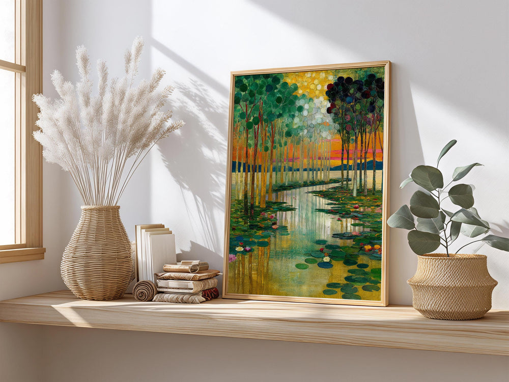 Water Lily Wall Canvas, Serene Lake Framed Canvas, Botanical Landscape Artwork, Nature Home Decor, Gustav Klimt Inspired Art