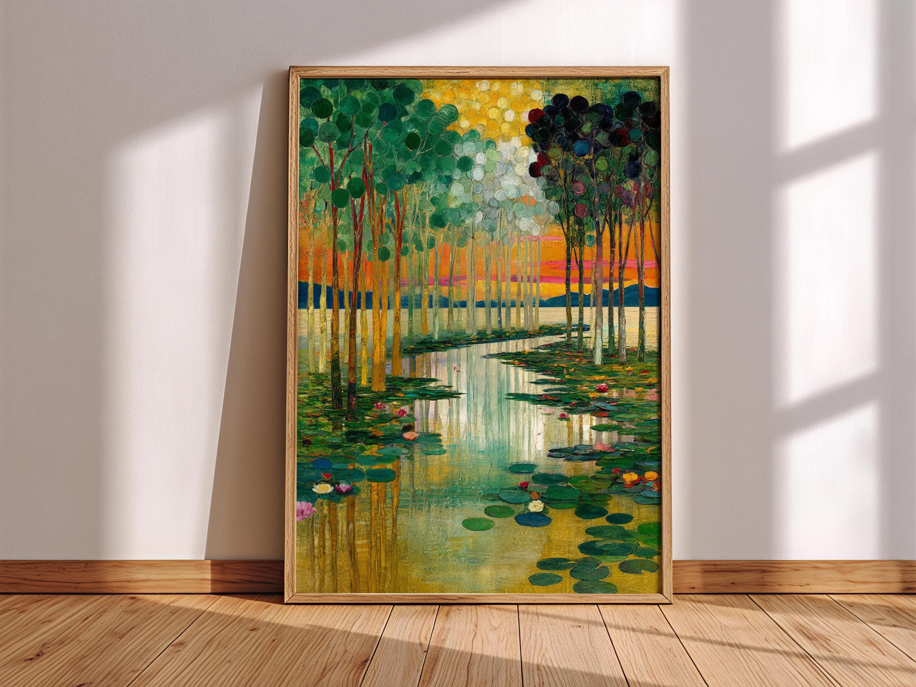 Water Lily Wall Canvas, Serene Lake Framed Canvas, Botanical Landscape Artwork, Nature Home Decor, Gustav Klimt Inspired Art