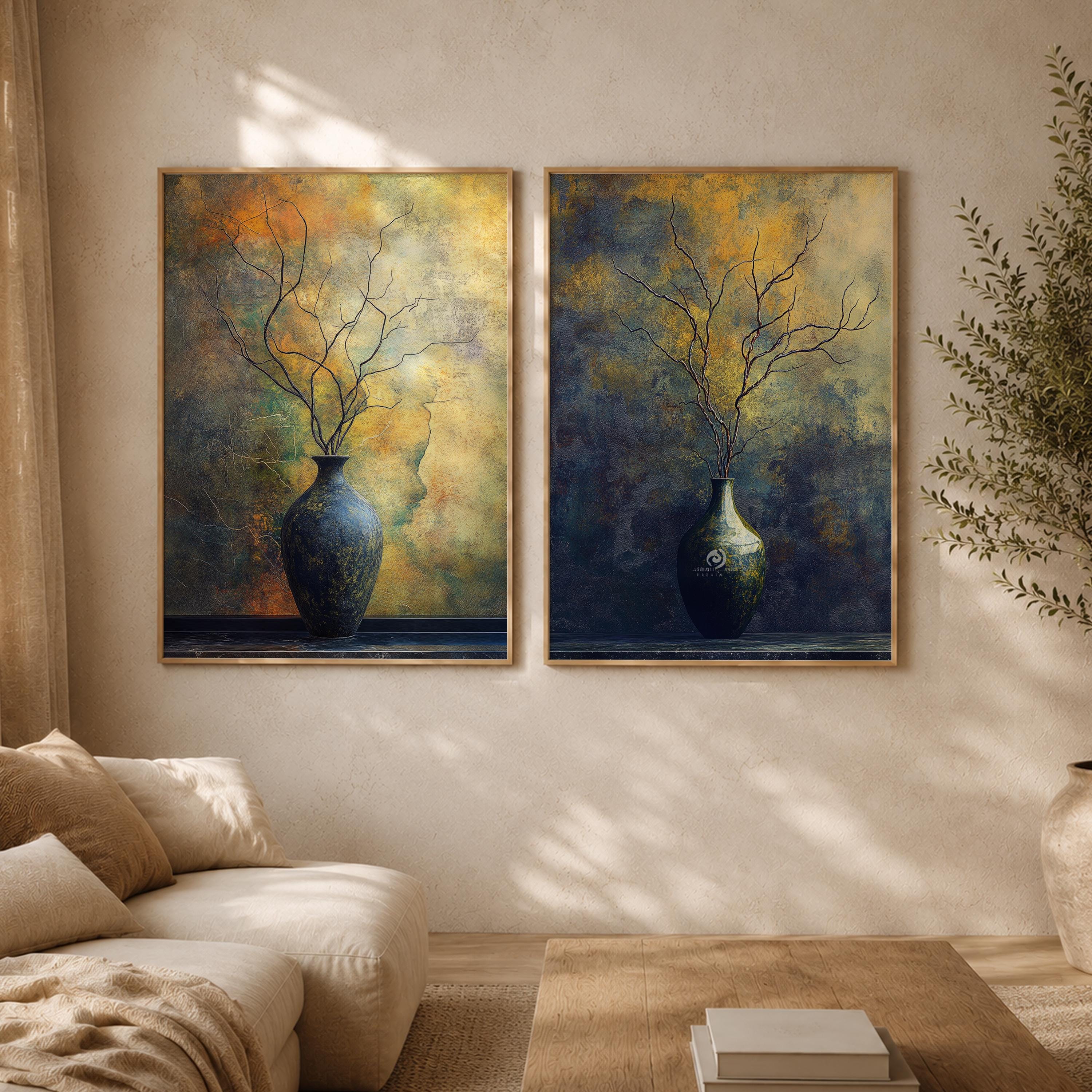 Set of 2 Moody Still Life Wall Art, Rustic Vase Framed Canvas Prints Duo, Dark Botanical Artwork, Neutral Modern Home Decor