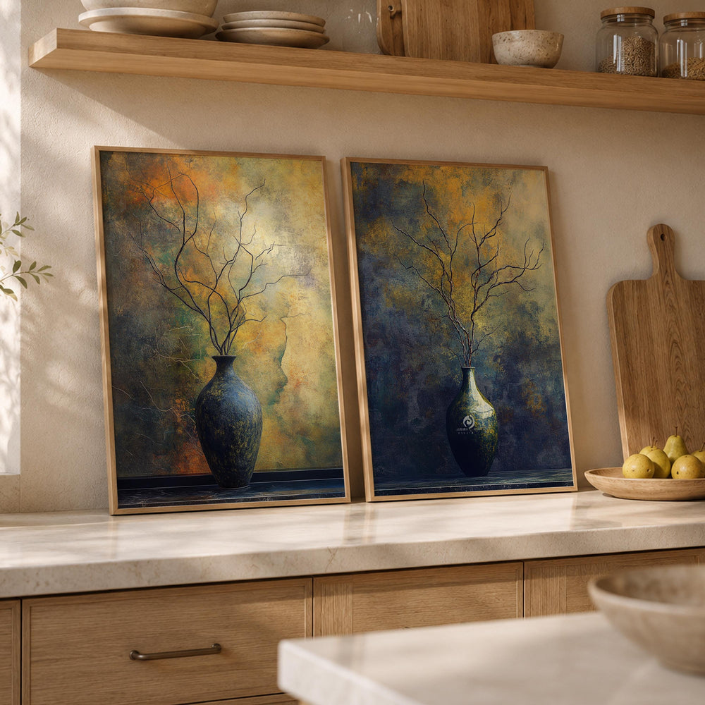 Set of 2 Moody Still Life Wall Art, Rustic Vase Framed Canvas Prints Duo, Dark Botanical Artwork, Neutral Modern Home Decor