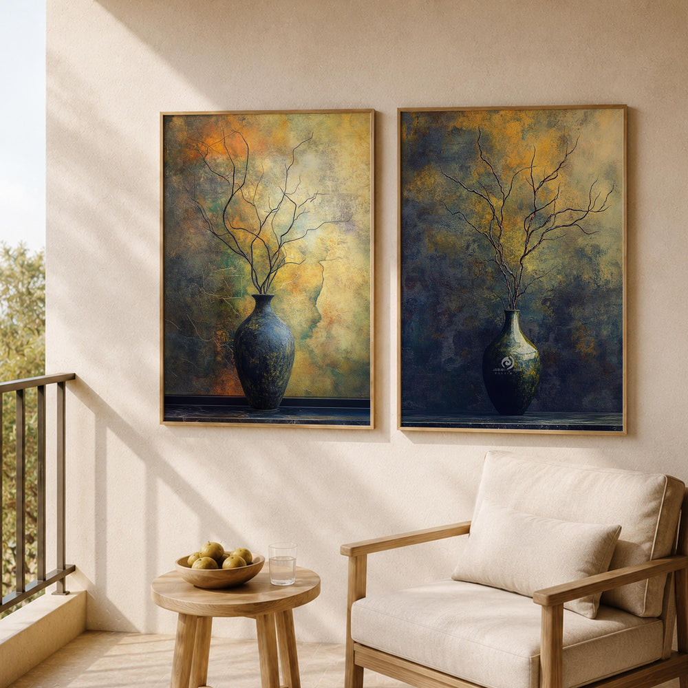 Set of 2 Moody Still Life Wall Art, Rustic Vase Framed Canvas Prints Duo, Dark Botanical Artwork, Neutral Modern Home Decor
