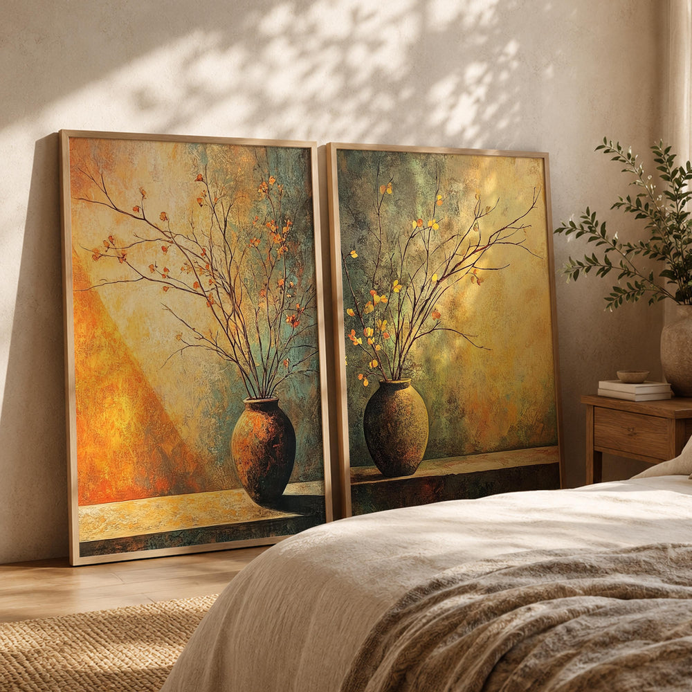 Rustic Vase Wall Art Set of 2, Neutral Botanical Framed Canvas Prints Duo, Moody Still Life Artwork, Modern Organic Home Decor