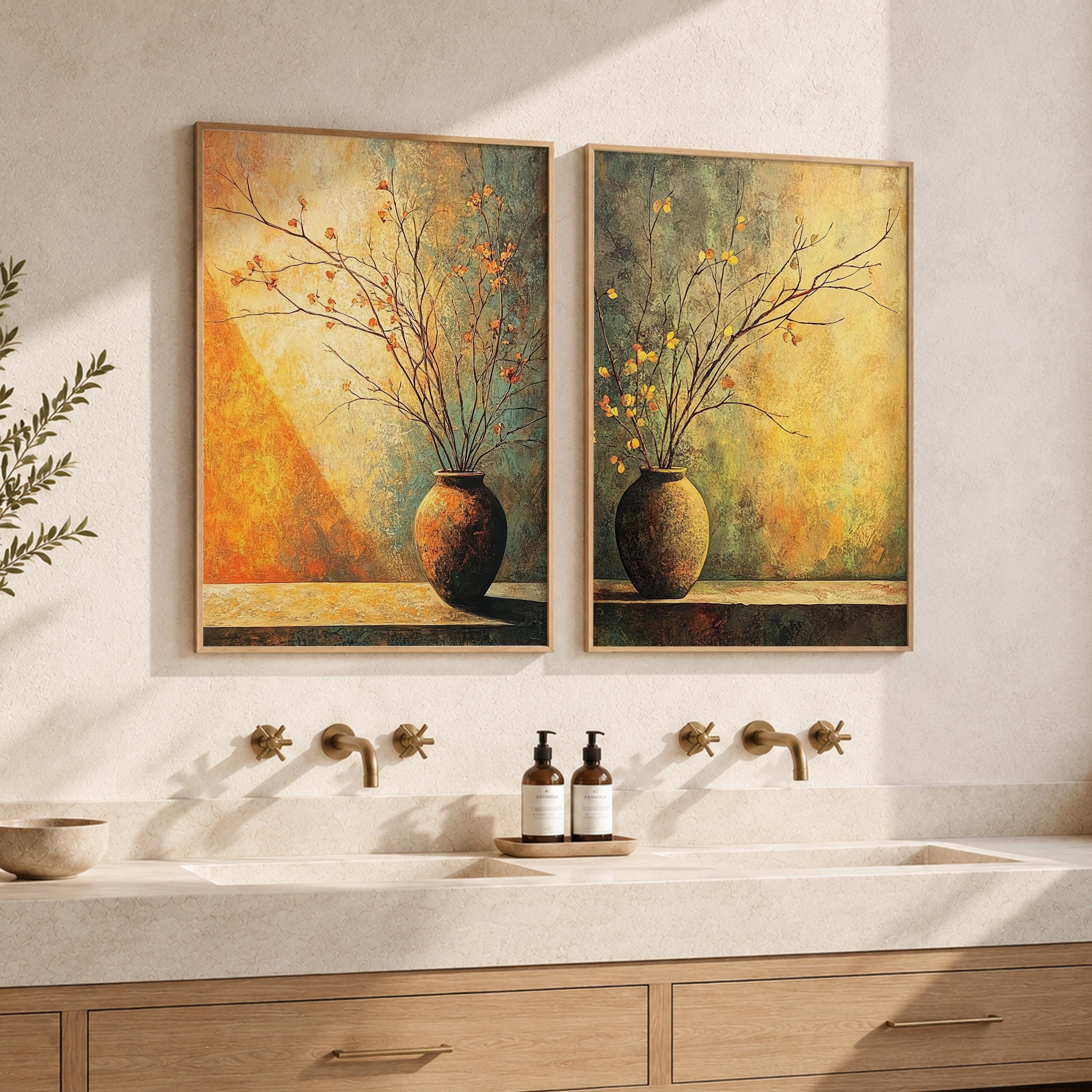 Rustic Vase Wall Art Set of 2, Neutral Botanical Framed Canvas Prints Duo, Moody Still Life Artwork, Modern Organic Home Decor