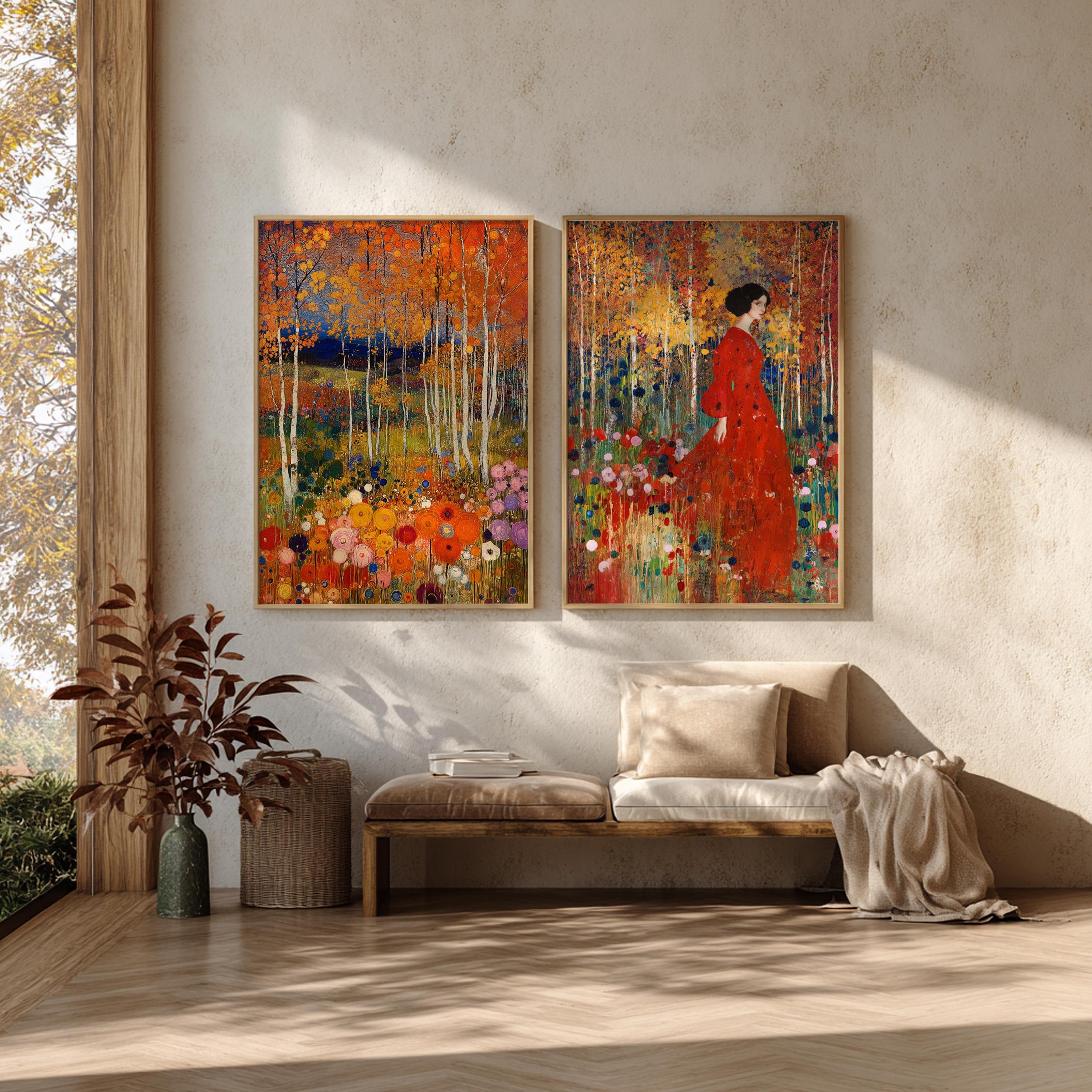 Set of 2 Floral Forest Wall Art, Colorful Botanical Framed Canvas Prints Duo, Romantic Woodland Artwork, Cottagecore Home Decor