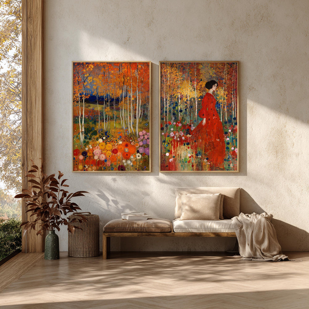 Set of 2 Floral Forest Wall Art, Colorful Botanical Framed Canvas Prints Duo, Romantic Woodland Artwork, Cottagecore Home Decor