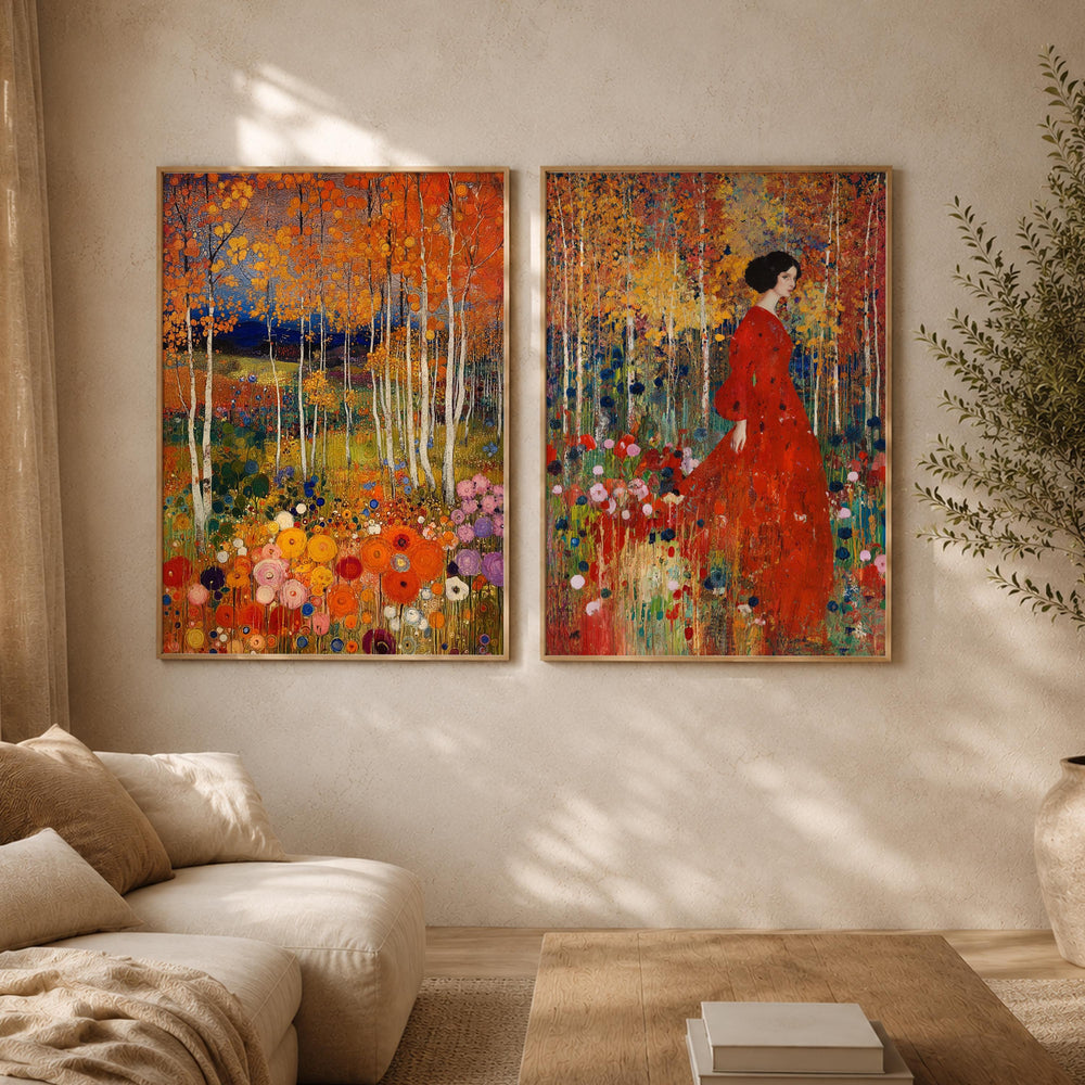 Set of 2 Floral Forest Wall Art, Colorful Botanical Framed Canvas Prints Duo, Romantic Woodland Artwork, Cottagecore Home Decor
