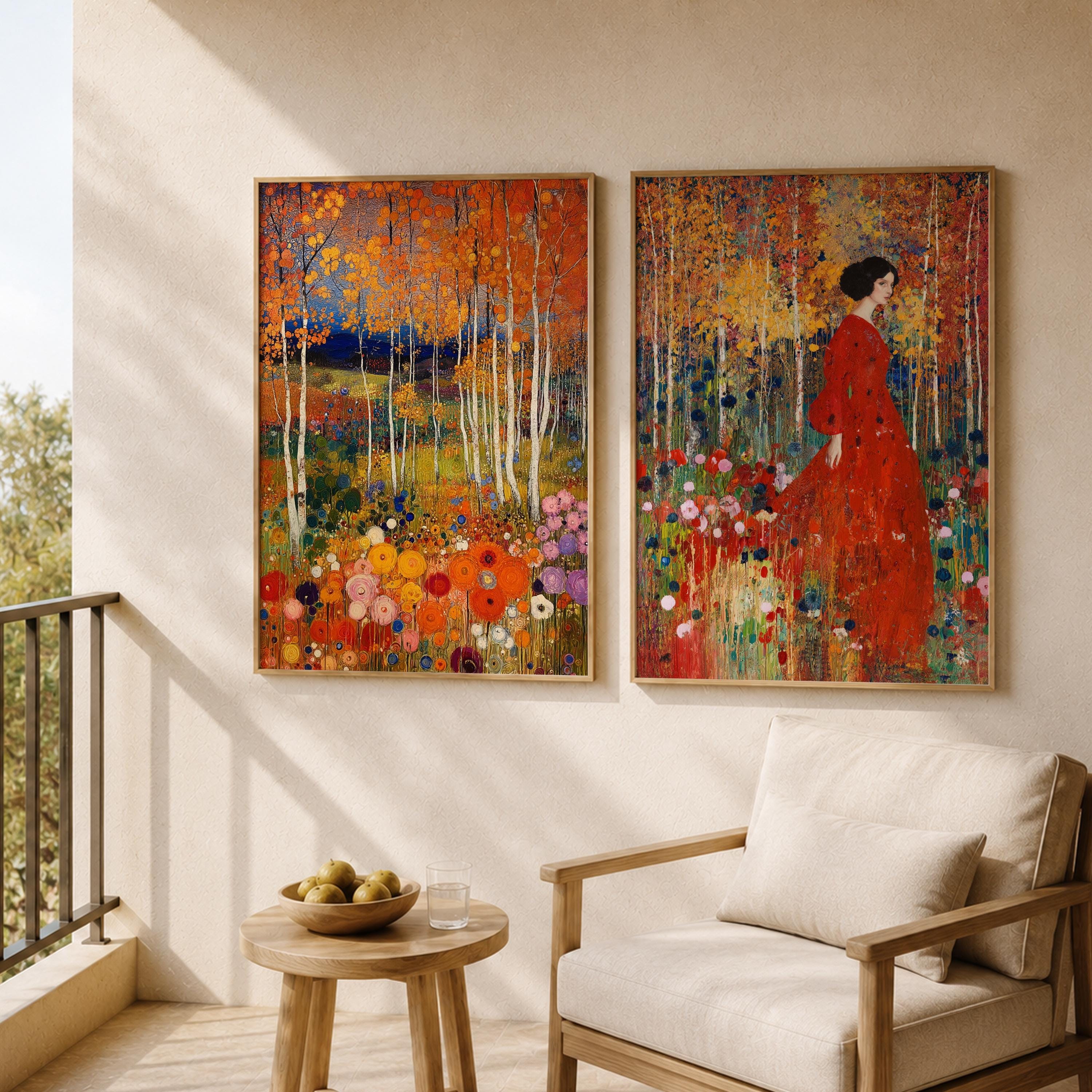 Set of 2 Floral Forest Wall Art, Colorful Botanical Framed Canvas Prints Duo, Romantic Woodland Artwork, Cottagecore Home Decor