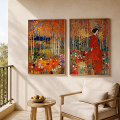 Set of 2 Floral Forest Wall Art, Colorful Botanical Framed Canvas Prints Duo, Romantic Woodland Artwork, Cottagecore Home Decor