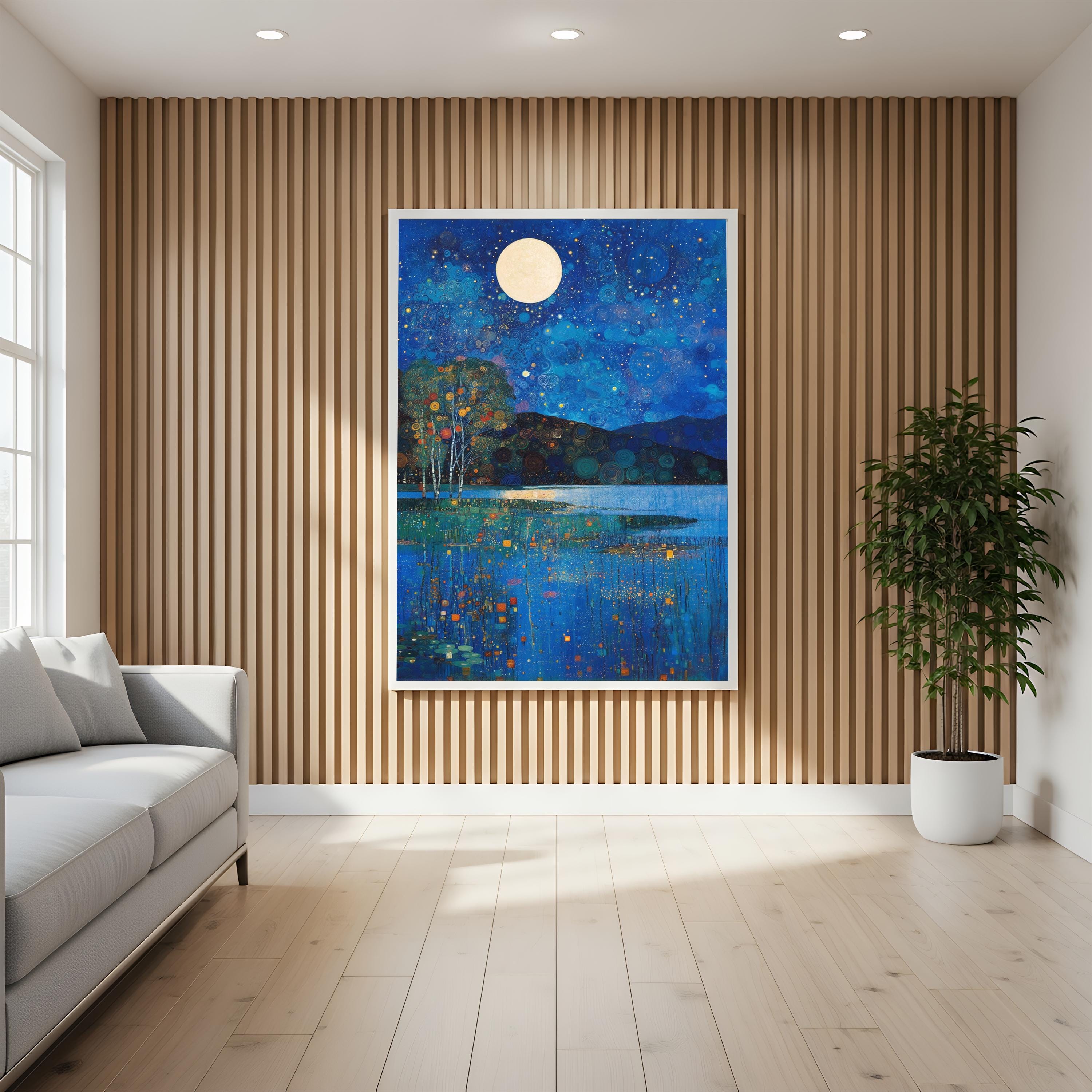 Celestial Waterscape Framed Wall Print, Blue Night Landscape Artwork, Gustav Klimt Inspired Moonlit Lake Canvas Decor