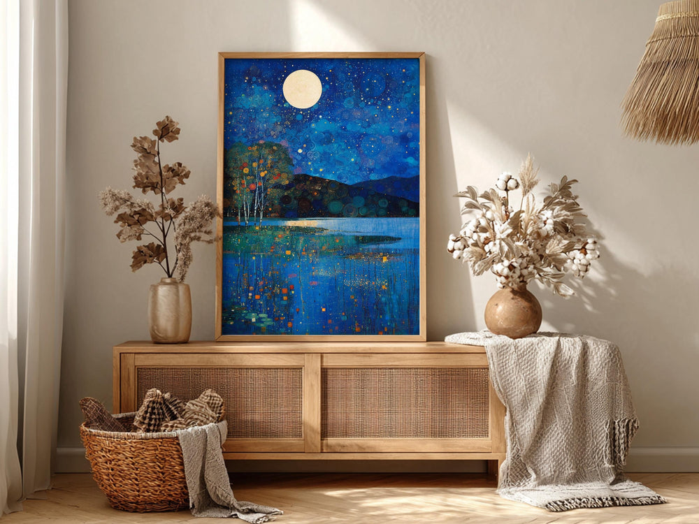 Celestial Waterscape Framed Wall Print, Blue Night Landscape Artwork, Gustav Klimt Inspired Moonlit Lake Canvas Decor