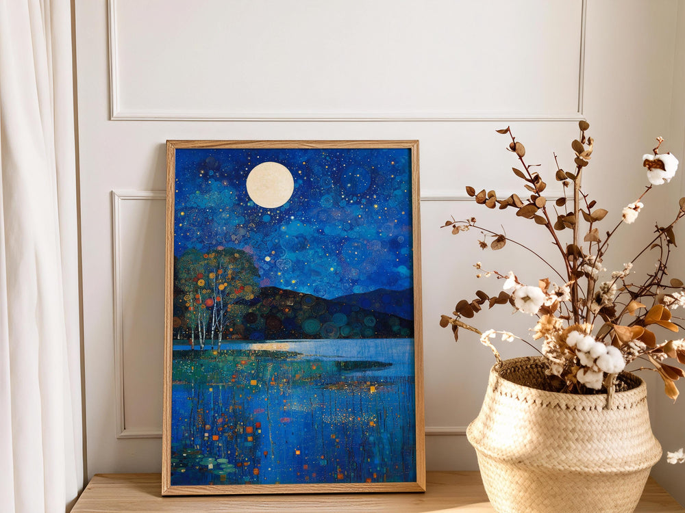 Celestial Waterscape Framed Wall Print, Blue Night Landscape Artwork, Gustav Klimt Inspired Moonlit Lake Canvas Decor