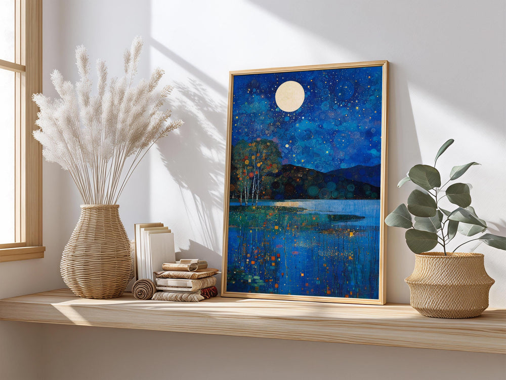 Celestial Waterscape Framed Wall Print, Blue Night Landscape Artwork, Gustav Klimt Inspired Moonlit Lake Canvas Decor