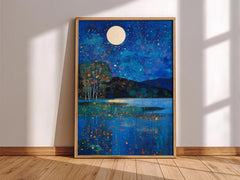 Celestial Waterscape Framed Wall Print, Blue Night Landscape Artwork, Gustav Klimt Inspired Moonlit Lake Canvas Decor
