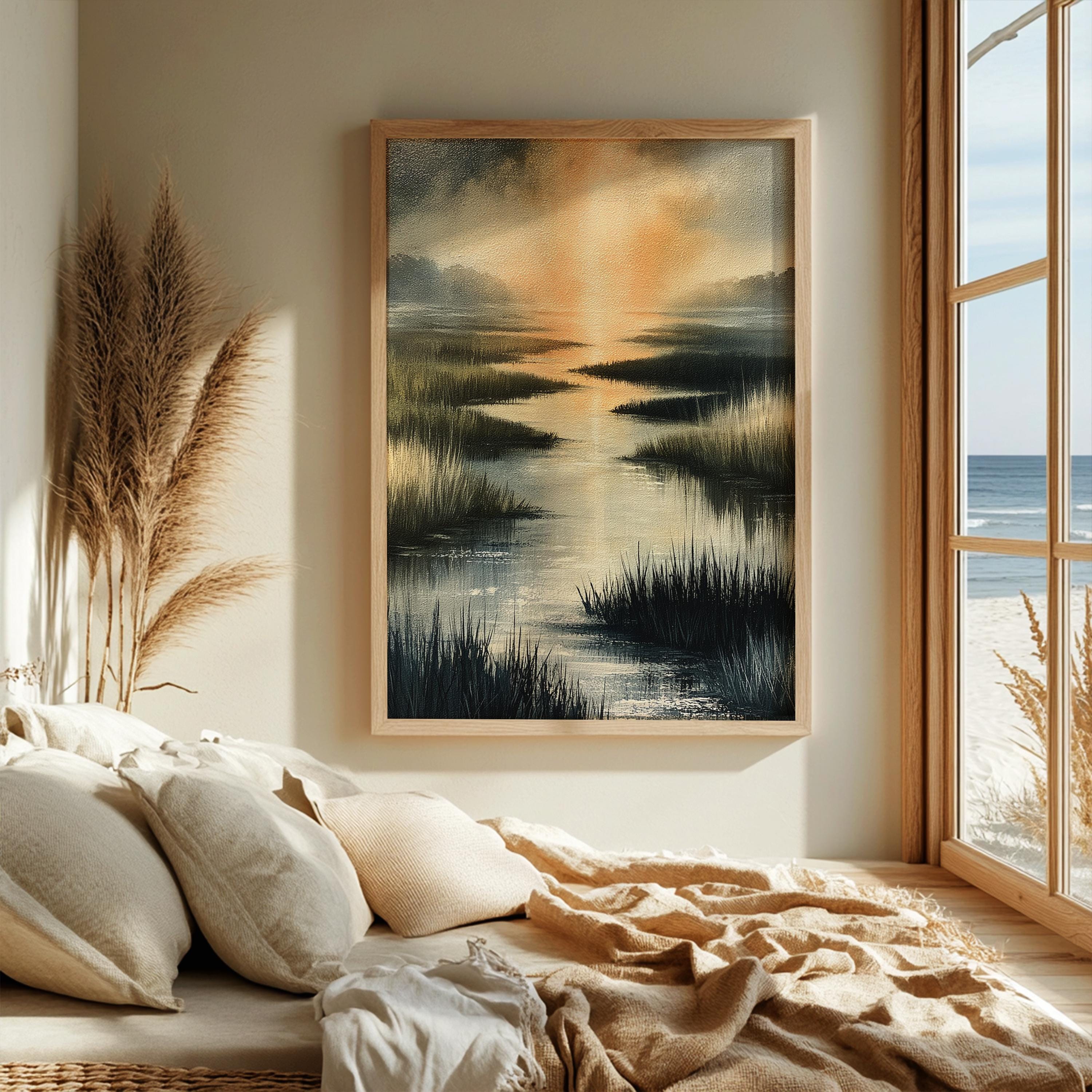 Coastal Marsh Framed Wall Art, Serene Sunset Canvas Prints, Neutral Beach Landscape Artwork, Coastal Cottage Home Decor