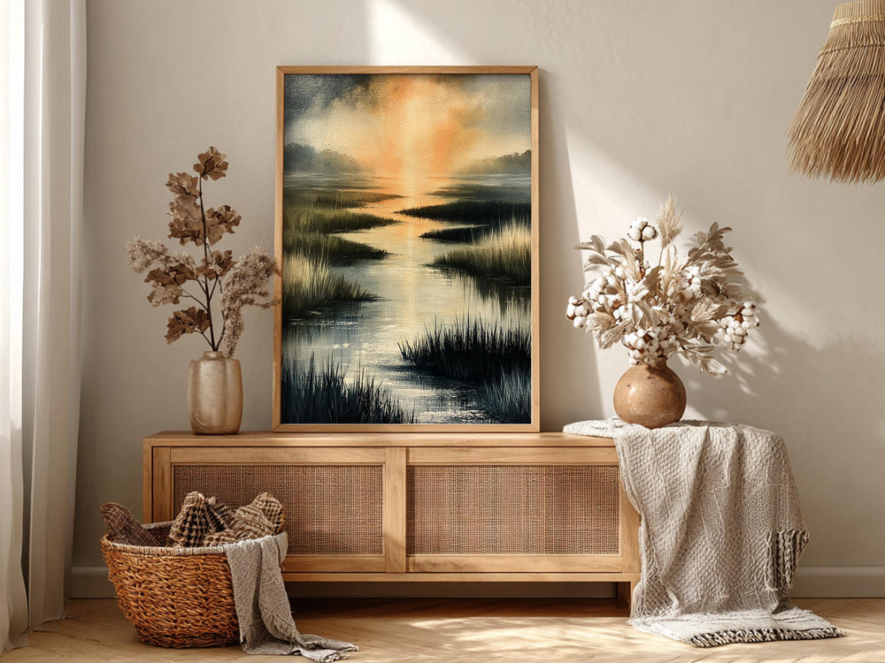 Coastal Marsh Framed Wall Art, Serene Sunset Canvas Prints, Neutral Beach Landscape Artwork, Coastal Cottage Home Decor