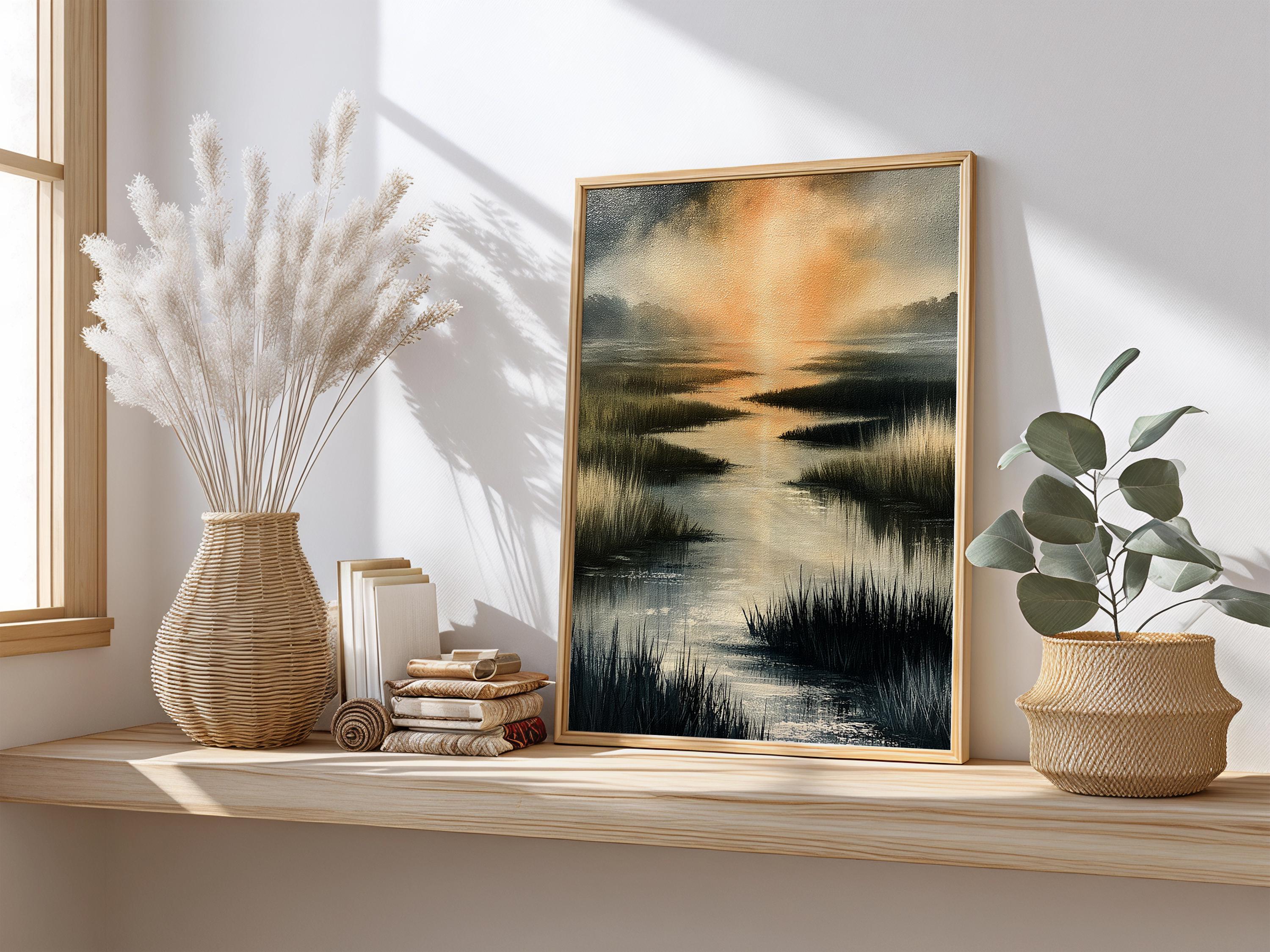 Coastal Marsh Framed Wall Art, Serene Sunset Canvas Prints, Neutral Beach Landscape Artwork, Coastal Cottage Home Decor