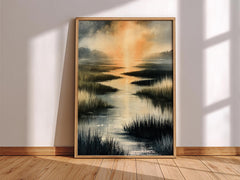 Coastal Marsh Framed Wall Art, Serene Sunset Canvas Prints, Neutral Beach Landscape Artwork, Coastal Cottage Home Decor