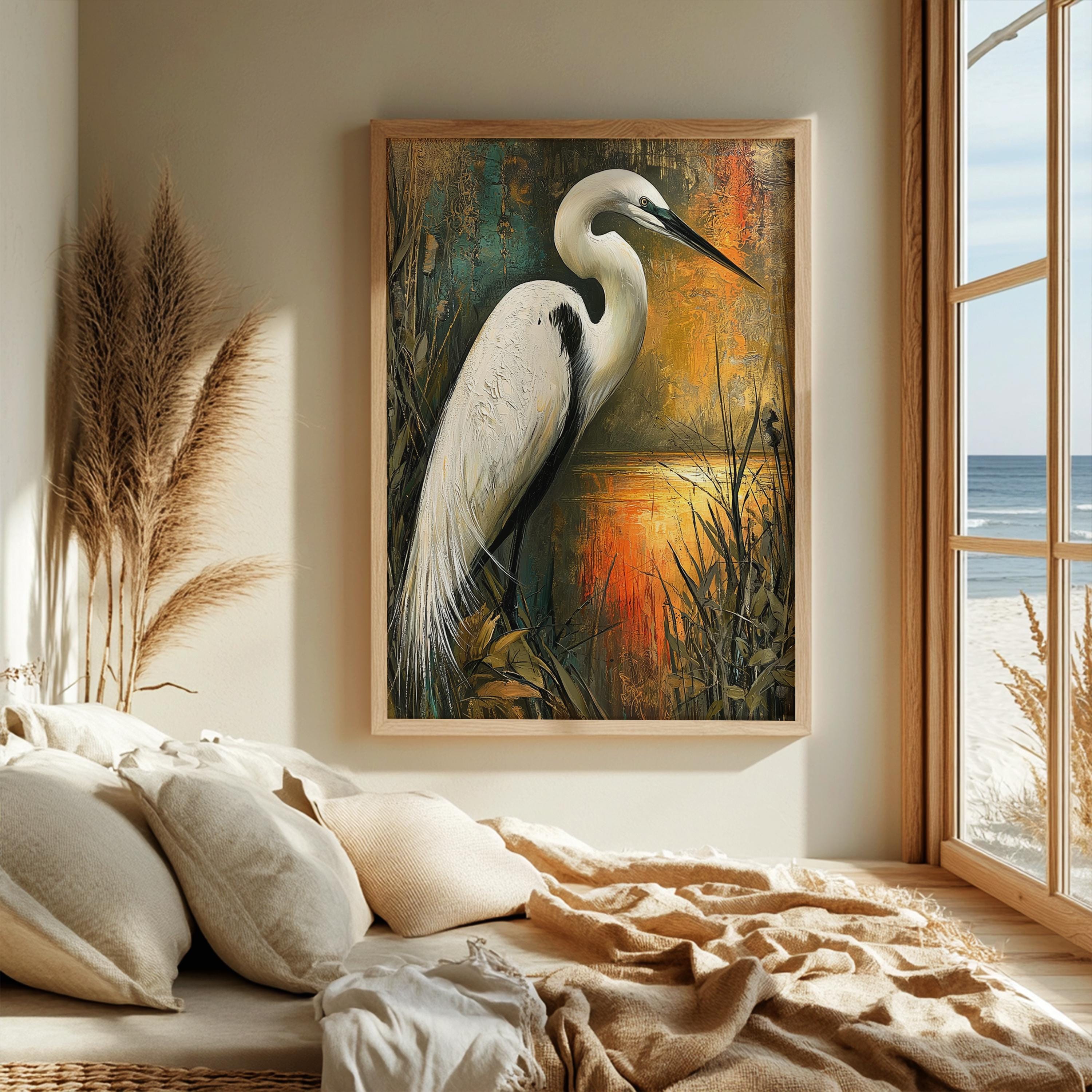 Coastal Bird Framed Canvas, Marsh Wildlife Artwork Prints, White Egret Wall Art, Neutral Nature Home Decor