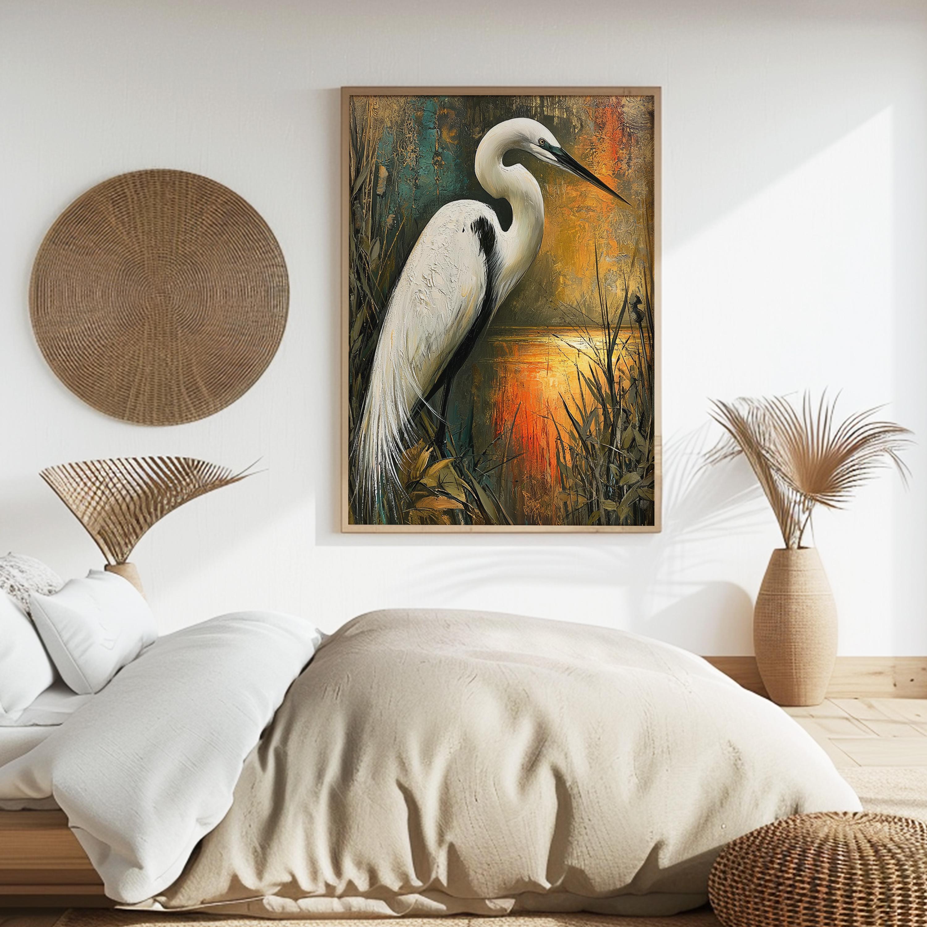 Coastal Bird Framed Canvas, Marsh Wildlife Artwork Prints, White Egret Wall Art, Neutral Nature Home Decor