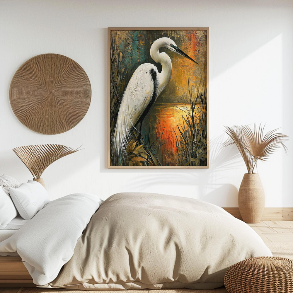 Coastal Bird Framed Canvas, Marsh Wildlife Artwork Prints, White Egret Wall Art, Neutral Nature Home Decor