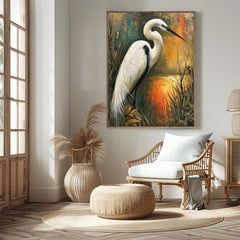 Coastal Bird Framed Canvas, Marsh Wildlife Artwork Prints, White Egret Wall Art, Neutral Nature Home Decor