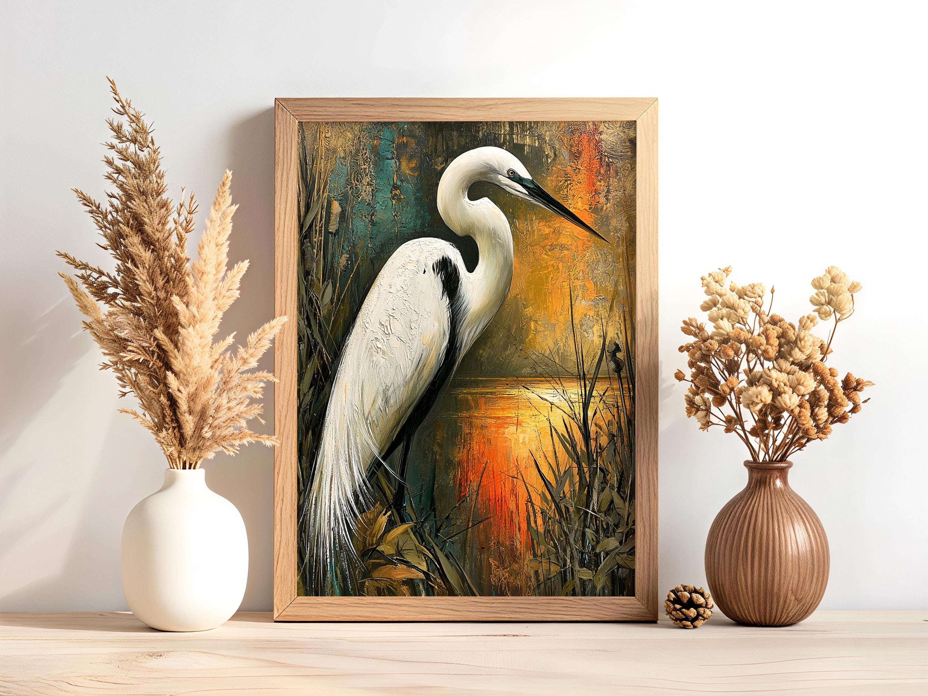 Coastal Bird Framed Canvas, Marsh Wildlife Artwork Prints, White Egret Wall Art, Neutral Nature Home Decor