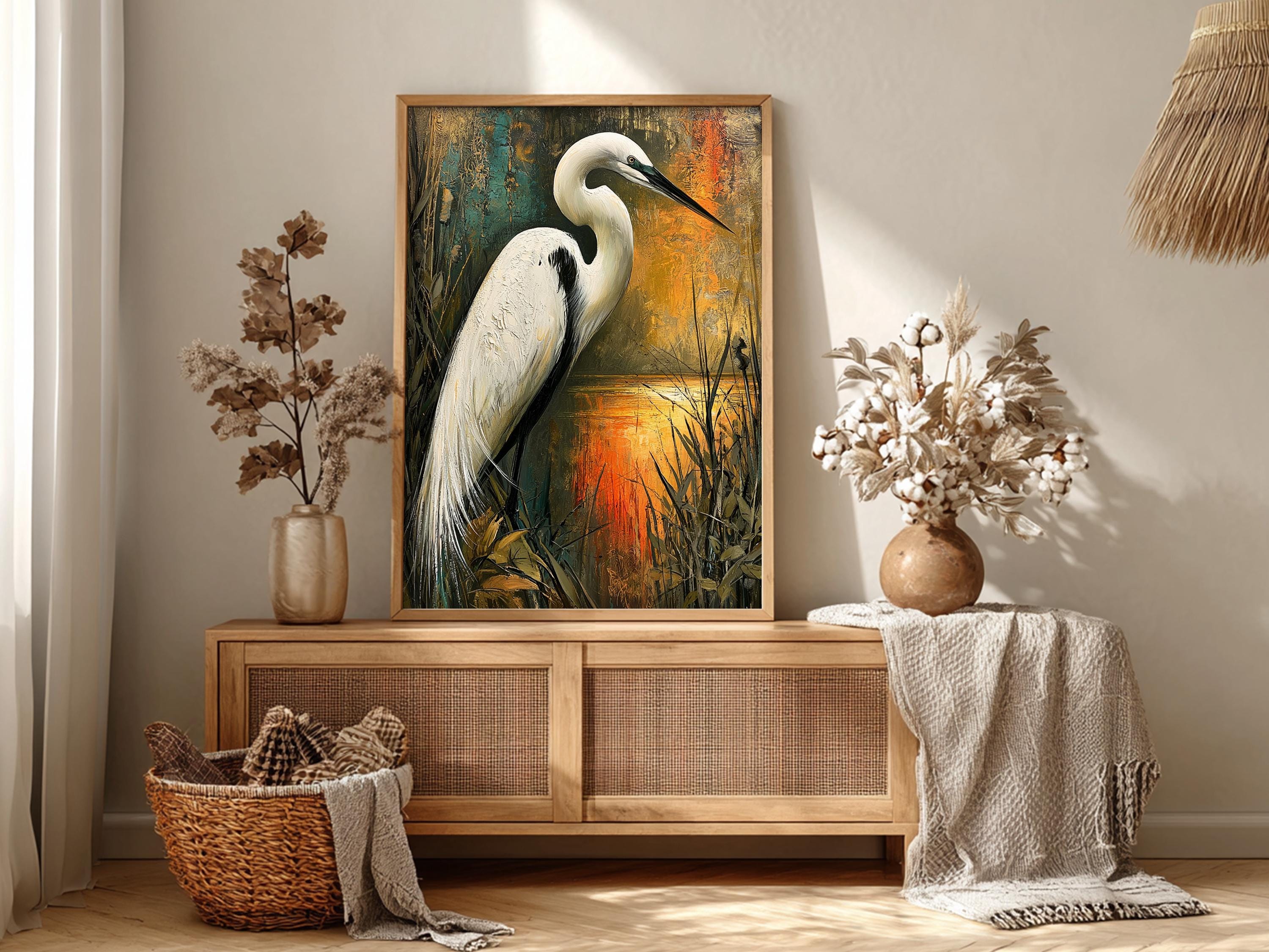 Coastal Bird Framed Canvas, Marsh Wildlife Artwork Prints, White Egret Wall Art, Neutral Nature Home Decor