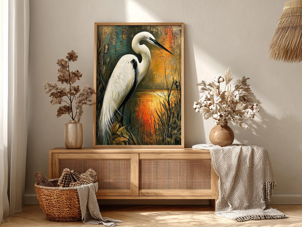 Coastal Bird Framed Canvas, Marsh Wildlife Artwork Prints, White Egret Wall Art, Neutral Nature Home Decor
