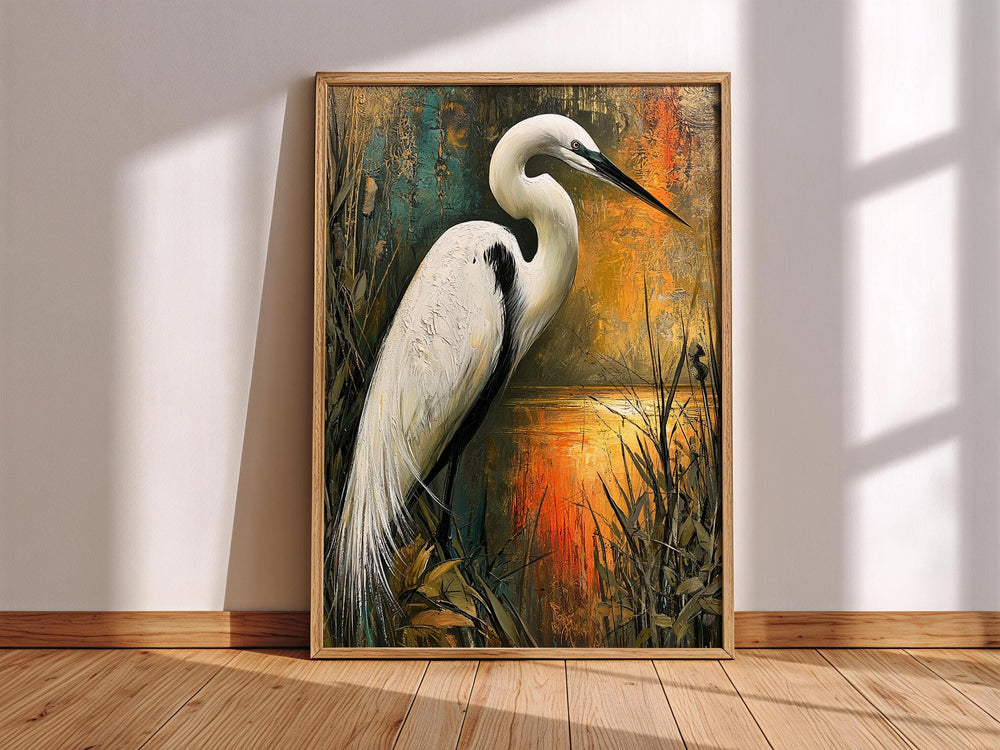 Coastal Bird Framed Canvas, Marsh Wildlife Artwork Prints, White Egret Wall Art, Neutral Nature Home Decor