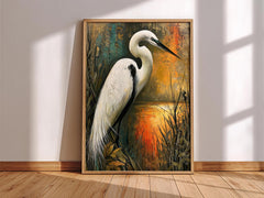 Coastal Bird Framed Canvas, Marsh Wildlife Artwork Prints, White Egret Wall Art, Neutral Nature Home Decor