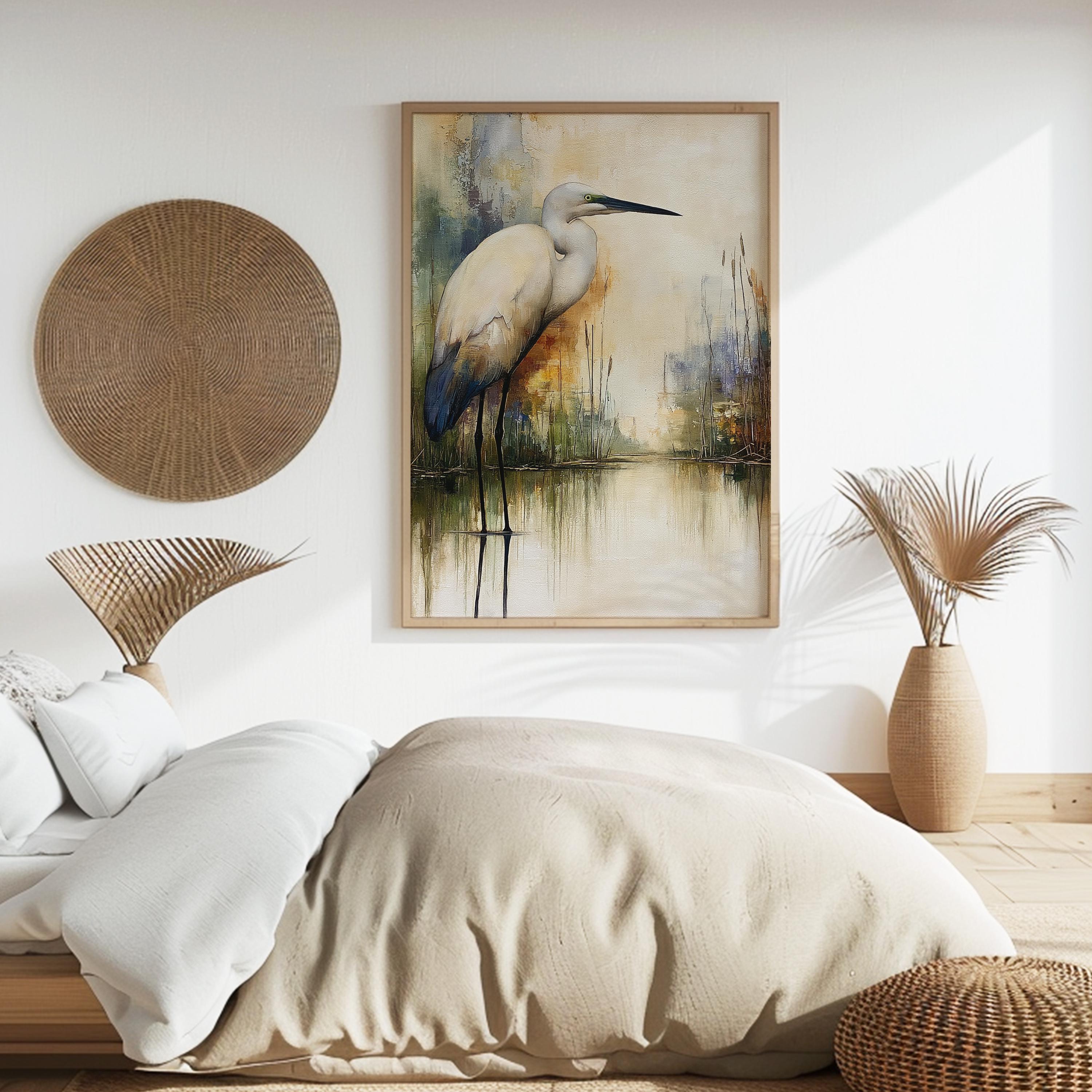 Minimalist Egret Wall Art, Neutral Coastal Framed Canvas, Elegant Bird Artwork Prints, Modern Nature Home Decor