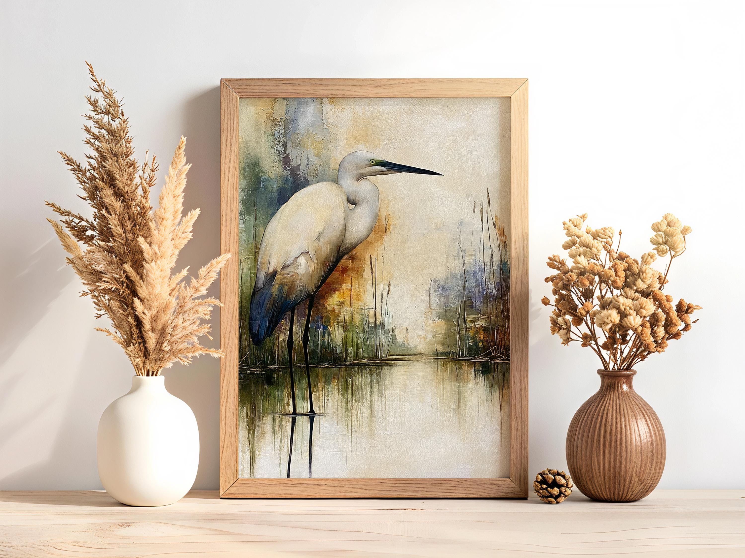 Minimalist Egret Wall Art, Neutral Coastal Framed Canvas, Elegant Bird Artwork Prints, Modern Nature Home Decor