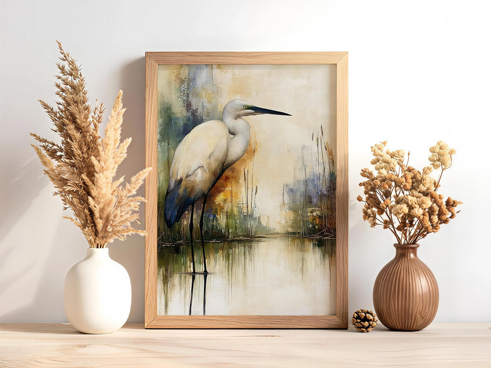 Minimalist Egret Wall Art, Neutral Coastal Framed Canvas, Elegant Bird Artwork Prints, Modern Nature Home Decor