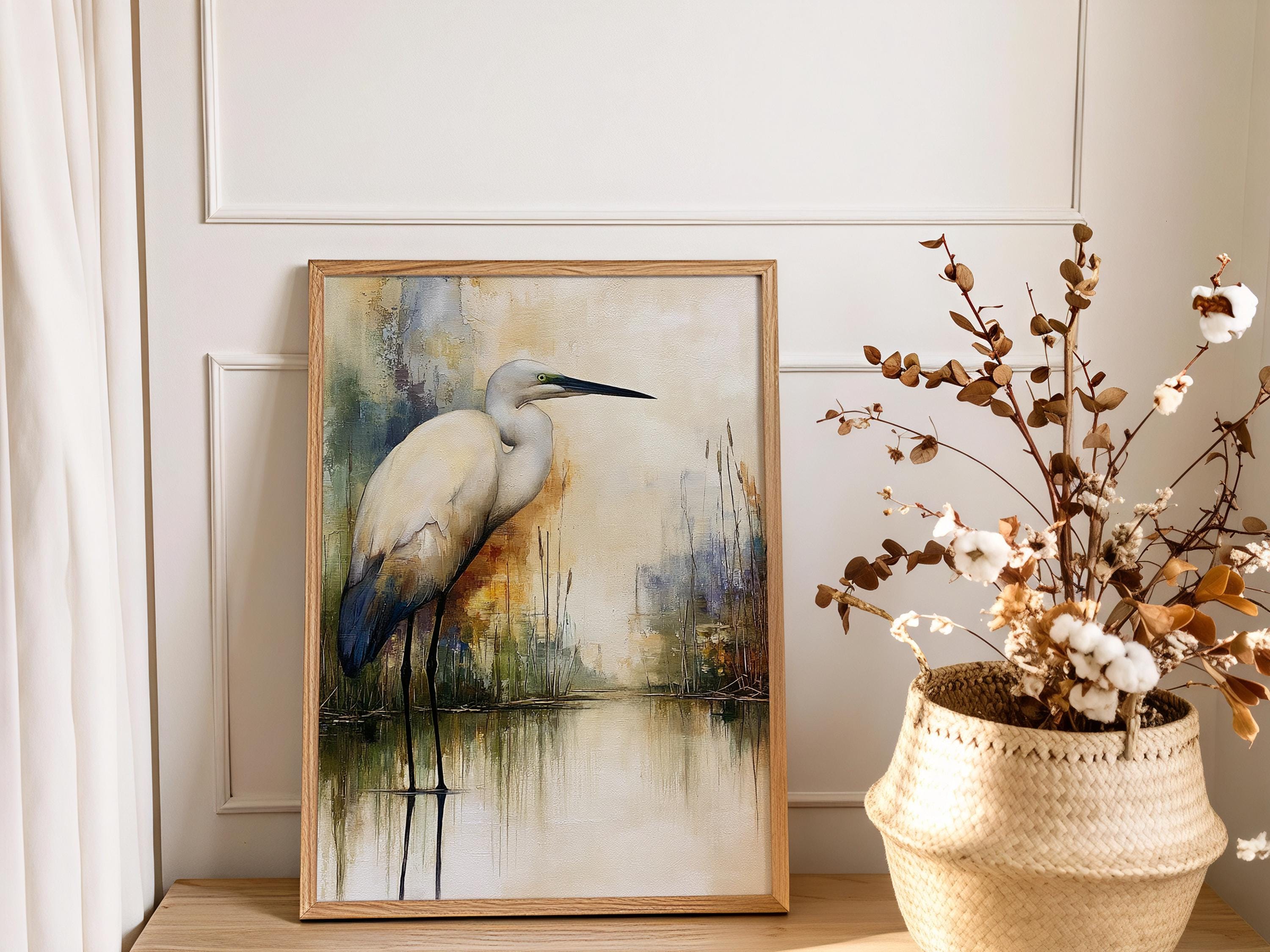 Minimalist Egret Wall Art, Neutral Coastal Framed Canvas, Elegant Bird Artwork Prints, Modern Nature Home Decor