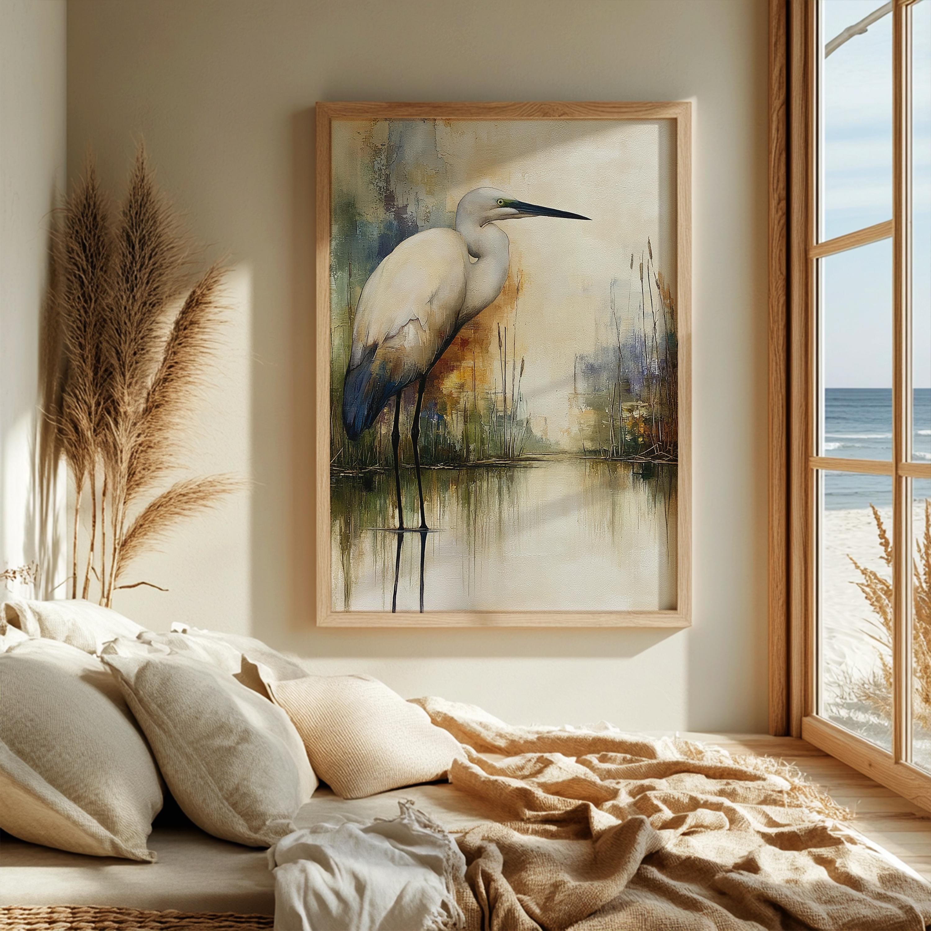 Minimalist Egret Wall Art, Neutral Coastal Framed Canvas, Elegant Bird Artwork Prints, Modern Nature Home Decor