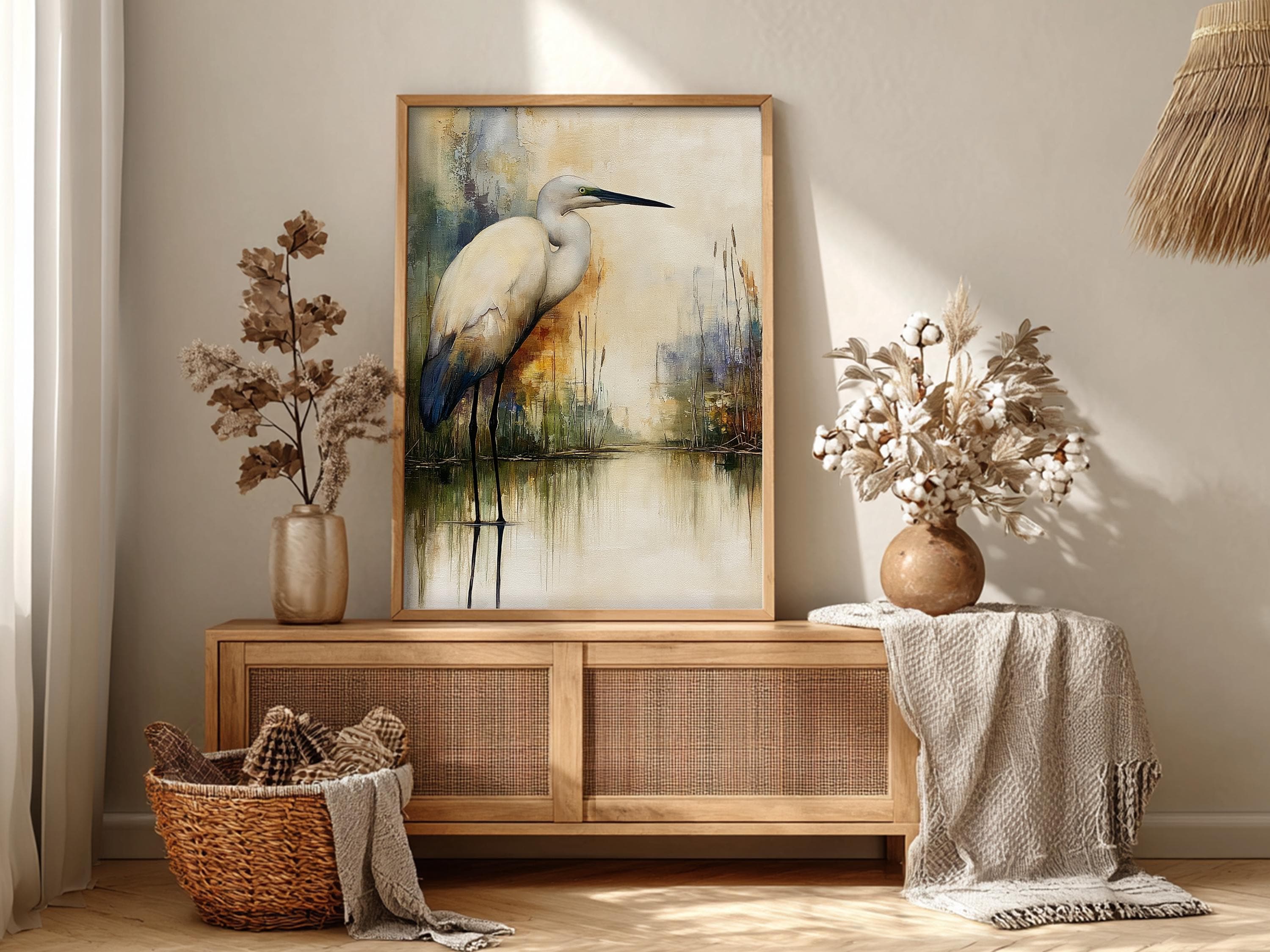 Minimalist Egret Wall Art, Neutral Coastal Framed Canvas, Elegant Bird Artwork Prints, Modern Nature Home Decor