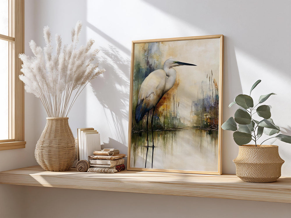 Minimalist Egret Wall Art, Neutral Coastal Framed Canvas, Elegant Bird Artwork Prints, Modern Nature Home Decor