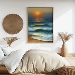 Coastal Sunset Framed Canvas, Ocean Waves Wall Art, Beach Wave Artwork Prints, Serene Coastal Home Decor