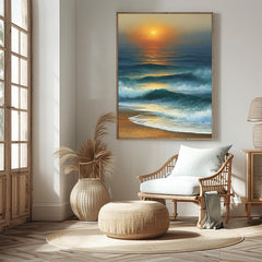 Coastal Sunset Framed Canvas, Ocean Waves Wall Art, Beach Wave Artwork Prints, Serene Coastal Home Decor