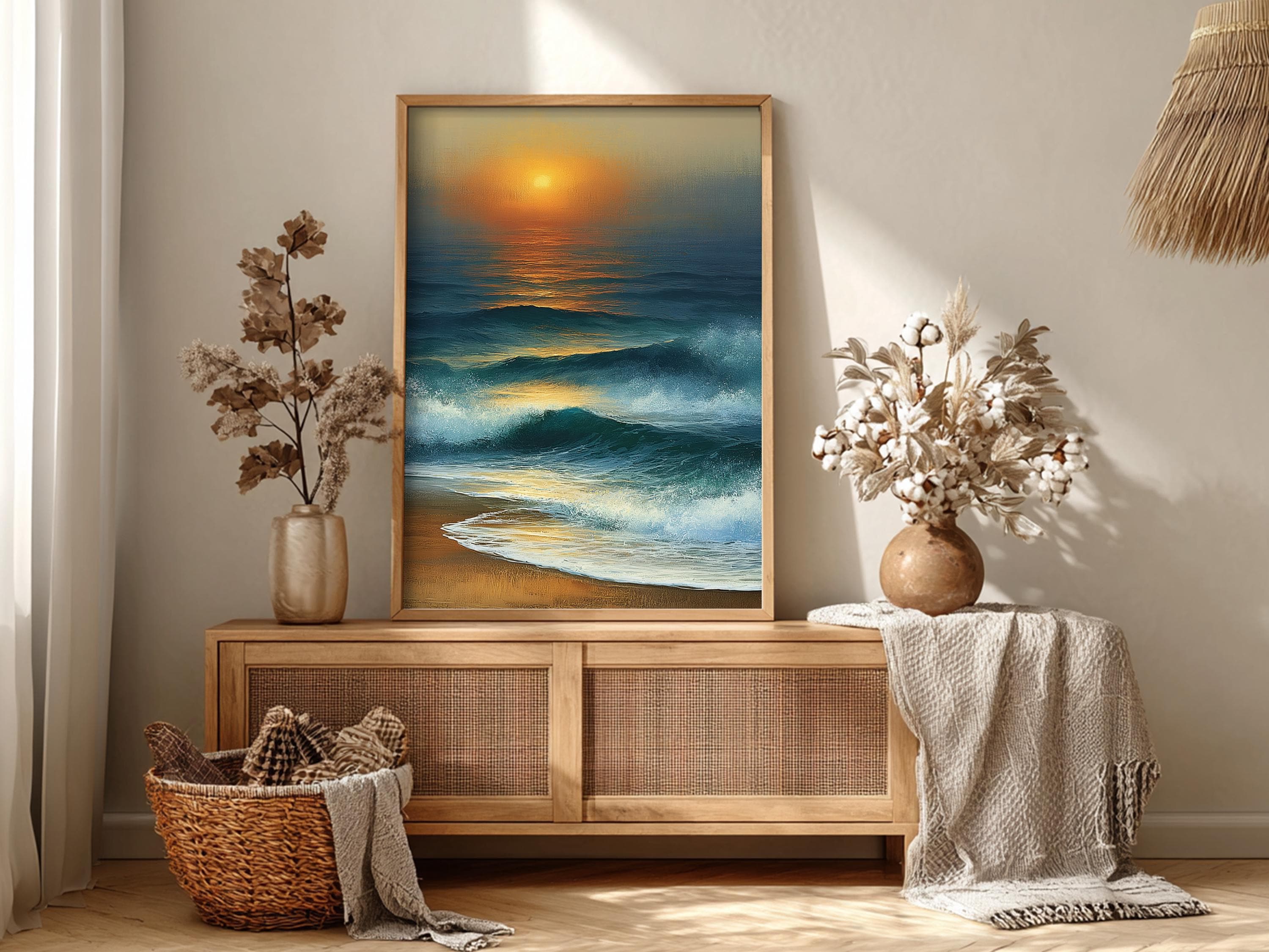 Coastal Sunset Framed Canvas, Ocean Waves Wall Art, Beach Wave Artwork Prints, Serene Coastal Home Decor