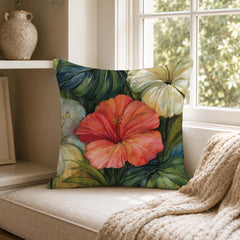 Hibiscus Throw Pillow, Tropical Floral Cushion Cover, Botanical Jungle Pillowcase, Elegant Island Outdoor Pillow, Moody Coastal Decor